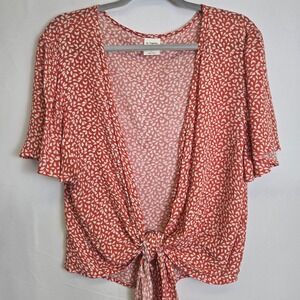 By Together + Collection Flutter Sleeve Tie Front Short Sleeve Blouse, Large